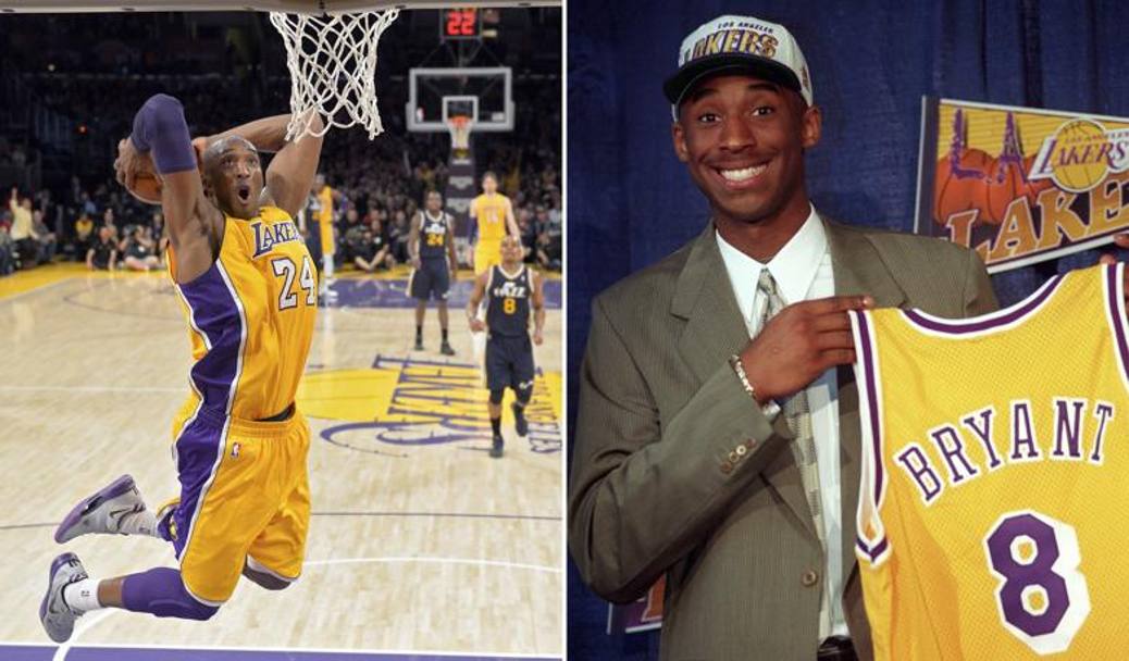Kobe Bryant con le sue due maglie indossate con i Lakers:  il primo giocatore nella storia a vedere ritirati entrambi i numeri che ha vestito. Ap